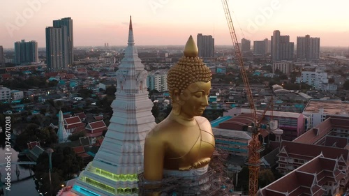 Aerial view of Wat Paknam Bhasicharoen, a temple, pagoda and Buddha statue in Bangkok Thailand photo