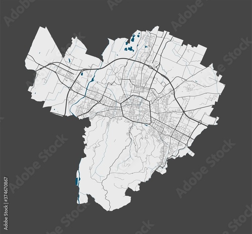 Bologna map. Detailed map of Bologna city poster with streets, water.