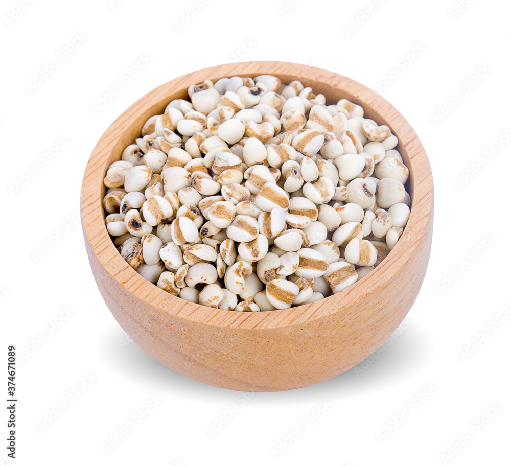 Job's tears or Coix lacryma-jobi in a wooden bowl isolated on white background, Job's tears or Coix lacryma-jobi in a wooden bowl isolated on white background,