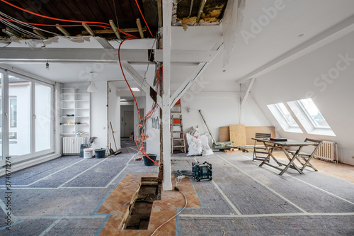 Loft room during renovation, apartment refurbishment