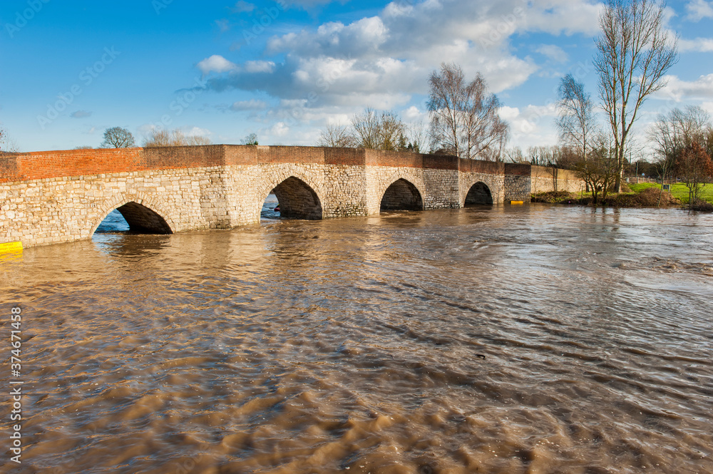 Twyford Bridge and River Medway in flood, Yalding, Kent, UK