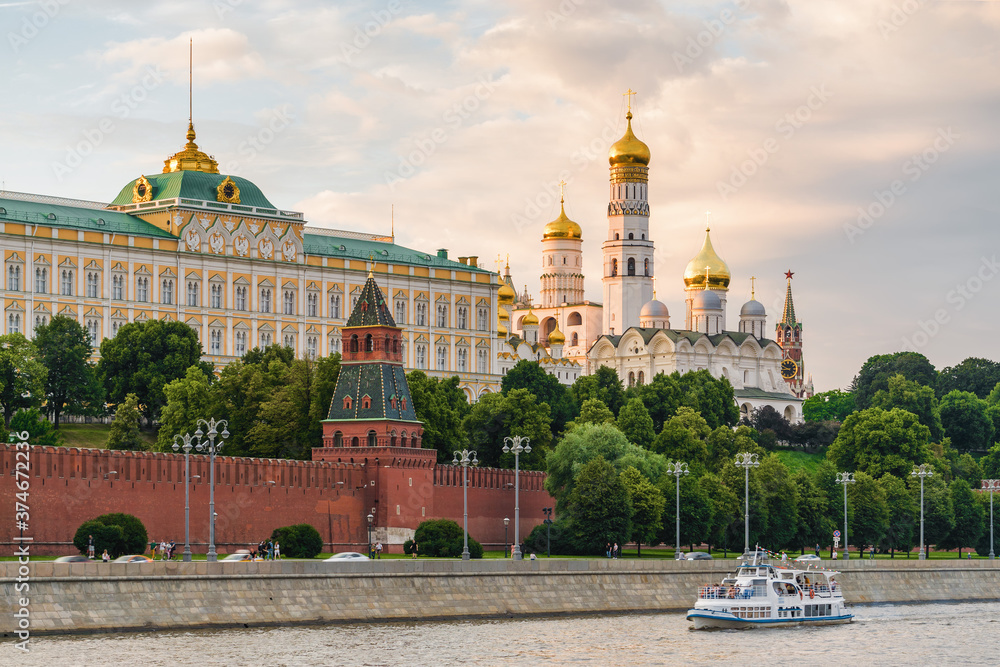 Sunset view of Moscow Kremlin above the Moscow river, Russia.