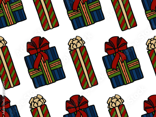 Seamless vector pattern with holiday gifts. Multi-colored boxes. The concept of Christmas and New year. Design of packaging, Wallpaper, backgrounds and fabrics