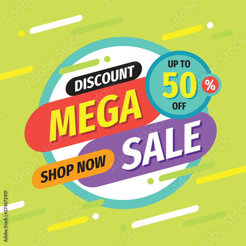 Mega sale - vector layout concept illustration. Discount up to 50  off. Abstract advertising promotion banner. Creative background. Special offer. Shop now. Graphic design elements. 