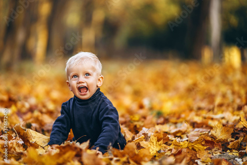 Little cute baby boy have fun outdoors in the park in autumn time.