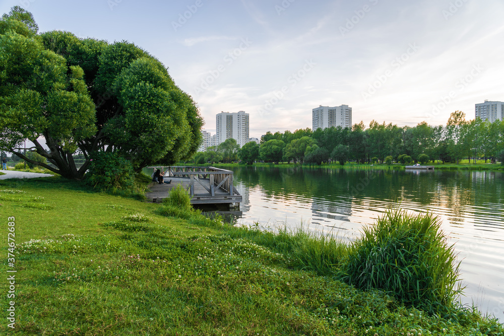 Beautiful morning view of Yuzhnoe Butovo park in South Butovo district, Moscow, Russia.