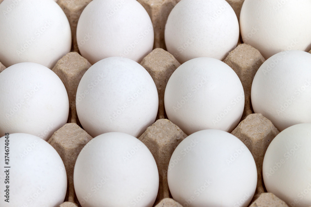 Texture background even rows of white chicken eggs in a carton box Texture background even rows of white chicken eggs in a carton box