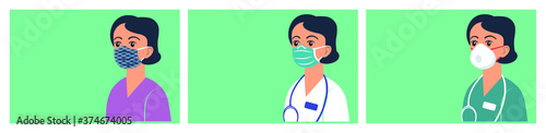 Different types of masks,
Cloth masks, surgical masks and N95 respirators vector illustration.
