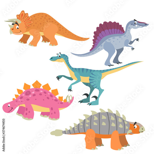 Funny cute dinosaurs set. Triceratops  Velociraptor  Ankylosaurus  Spinosaurus and Triceratops. Cartoon flat style. Vector illustrations.