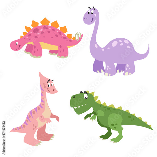 Funny cute dinosaurs set. Brontosaurus, Tyrannosaurus rex, Stegosaurus and Parasaurolophus. Cartoon flat style. Vector illustrations.