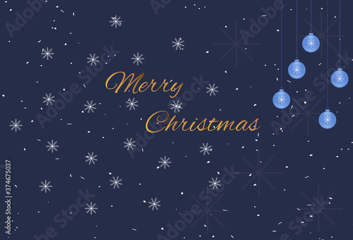 Merry Christmas card on blue background with balls and gold decoration. Festive New Year decoration elements. Place for a unique greeting text. Vector image

