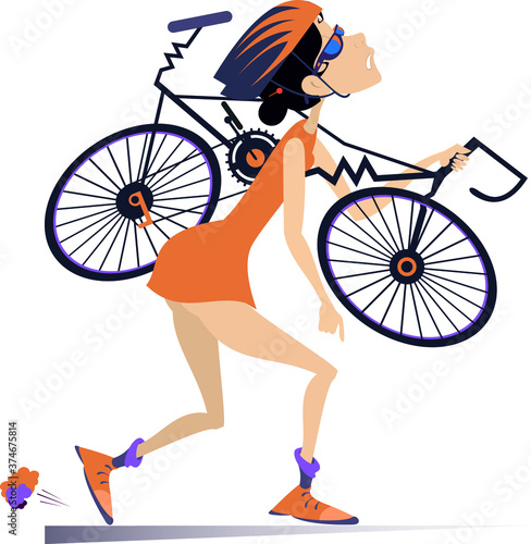 Tired woman cyclist with a broken bike illustration. Tired cartoon cyclist woman in helmet carries a broken bike on the shoulder isolated on white
