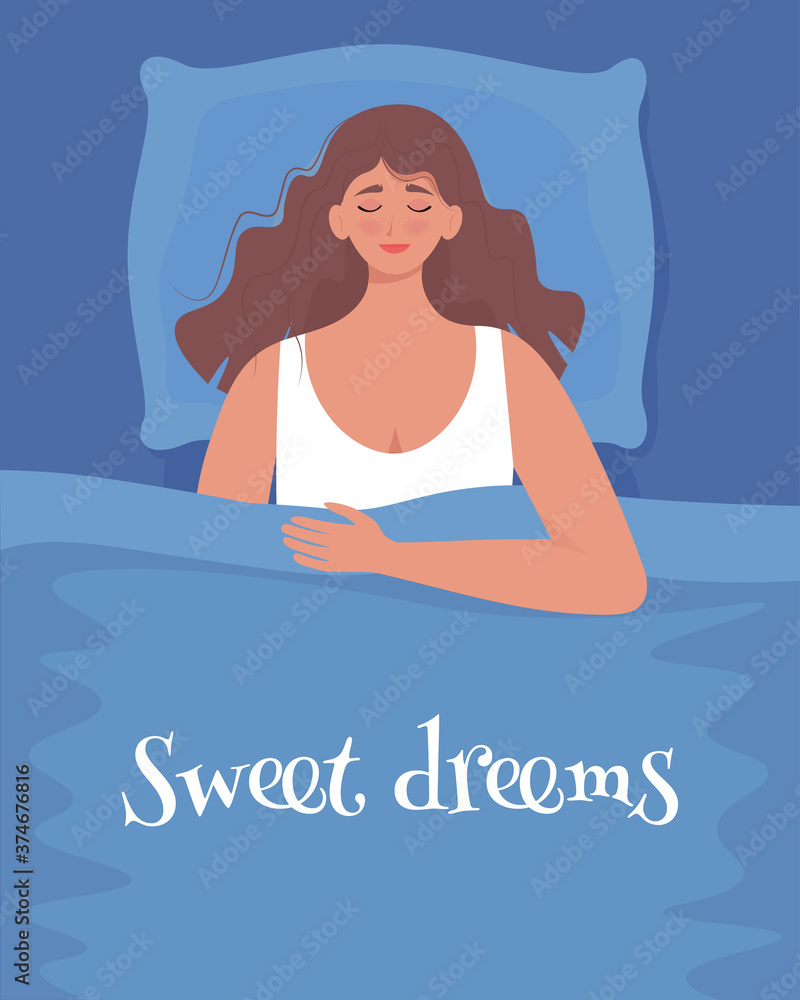 Woman in bed. Sweet dreams concept. Cute vector illustration in cartoon flat style