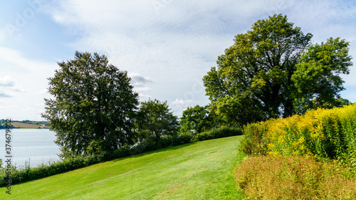 A hilltop garden with a view of Kolding Fjord. The trees stand tall and green and the flowers bloom beautifully. photo