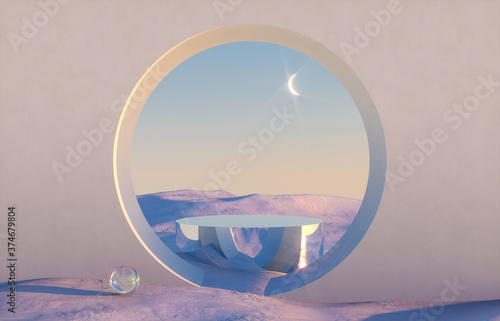 Abstract winter scene with geometrical forms, arch with a podium in natural light. surreal background. 3D render. photo