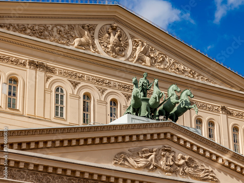 Moscow, Russia, August 11, 2020. Bolshoi theater, fragment of facade 