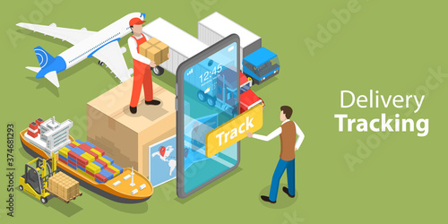 3D Isometric Flat Vector Conceptual Illustration of Mobile App for Delivery Tracking, Smart Logistics and Transportation.