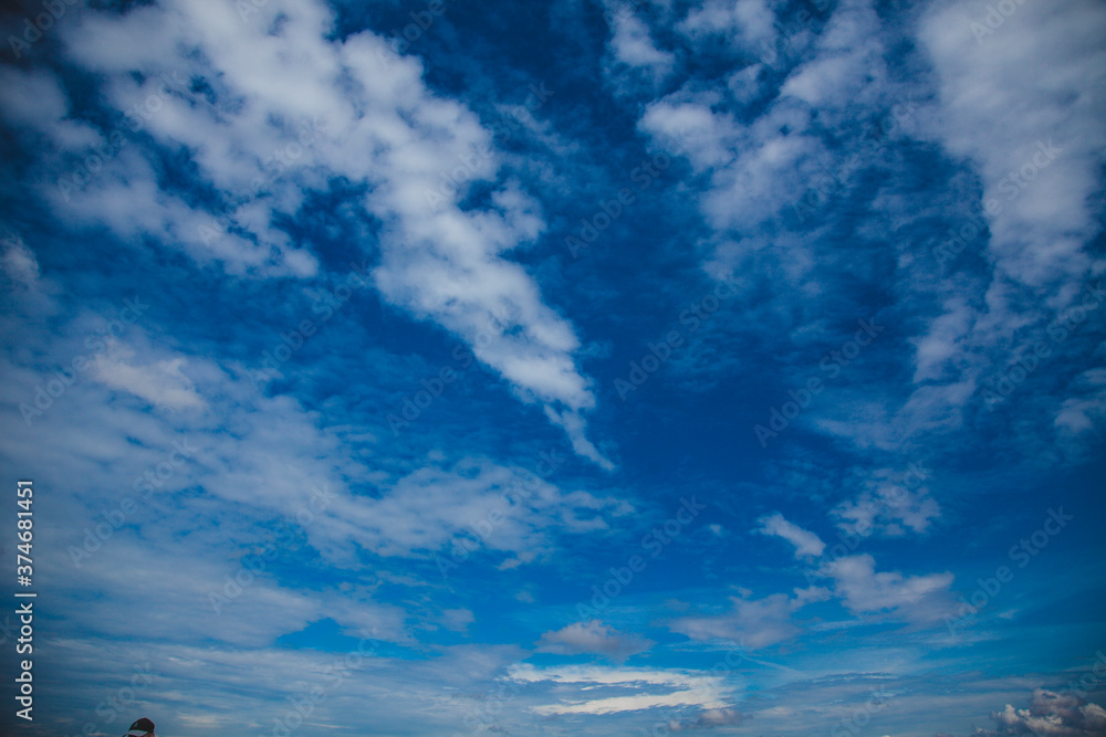 blue and white sky bright Sunny clouds contrasting photo background