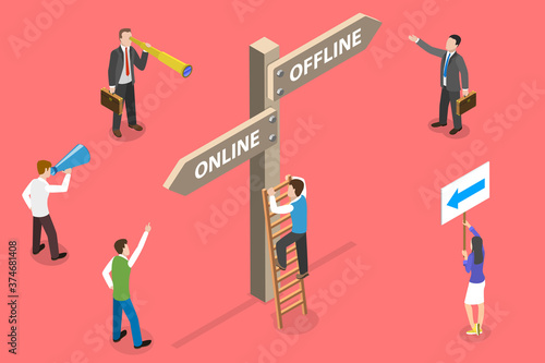 3D Isometric Vector Conceptual Illustration. Group of People are Choosing Online or Offline Path, Standing Next to Signpost. Can be Used for the Fields Like Education, Business, Marketing, Shopping