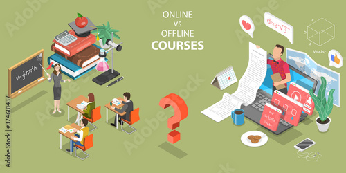 3D Isometric Flat Vector Concept of Online Courses vs Offline Courses, Pros and Cons of Regular Classes and Distance Education.