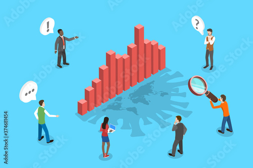 3D Isometric Flat Vector Conceptual Illustration of Covid-19 Coronavirus Spreading Statistics, Impact on Business and Economy.