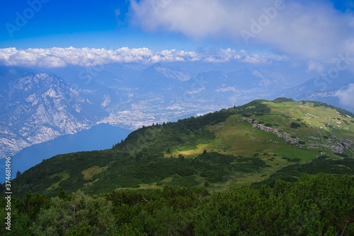 Fotografie Panoramic view of Garda Lake from Altissimo Mount in a sunny day in spring