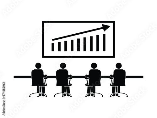 Team Business Sales Meeting. Pictogram depicting group corporate company meeting discussing regarding sales profits revenue growth. EPS vector