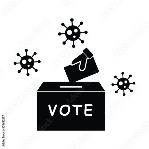 Voting Election During Pandemic Virus. Pictogram depicting voters casting ballot vote during a virus pandemic outbreak. Black and white EPS Vector