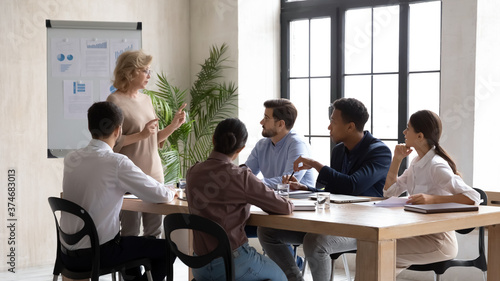 Serious mature old female company leader explaining marketing sales strategy or corporate development plan to focused young mixed race colleagues partners at briefing meeting in modern office.