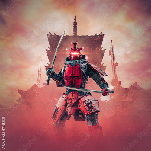 Fotografie Cyborg samurai warrior / 3D illustration of science fiction cyberpunk armoured r