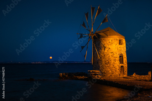 View of the windmills of Chios Island with the full moon of August!