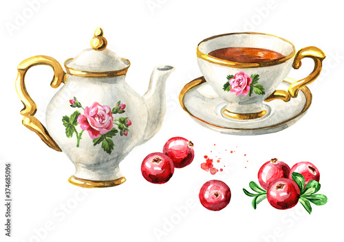 Teapot, cup of tea and Cranberry set. Hand drawn watercolor illustration isolated on white background