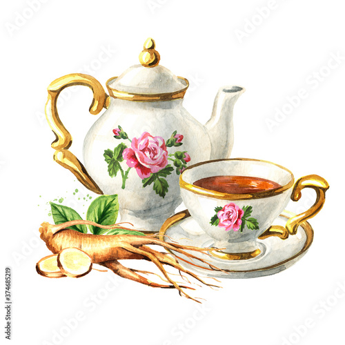 Teapot, cup of tea and Ginseng. Hand drawn watercolor illustration isolated on white background