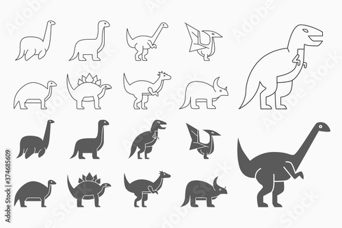 Dinosaurs Icons set - Vector outline symbols and silhouettes of triceratops, stegosaurus, tyrannosaurus and other animals of the Jurassic period for the site or interface