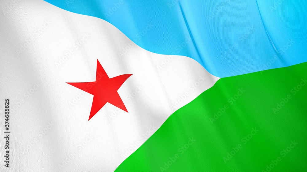 Naklejka premium The flag of Djibouti. Waving silk flag of Djibouti. High quality render. 3D illustration