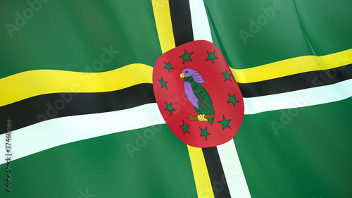 The flag of Dominica. Waving silk flag of Dominica. High quality render. 3D illustration photo