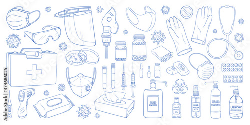Covid-19 doodles set. Coronavirus protection and treatment. Medical equipment. Face mask, sterile gloves. Syringe, drugs, thermometer. Hand sanitizer and soap.