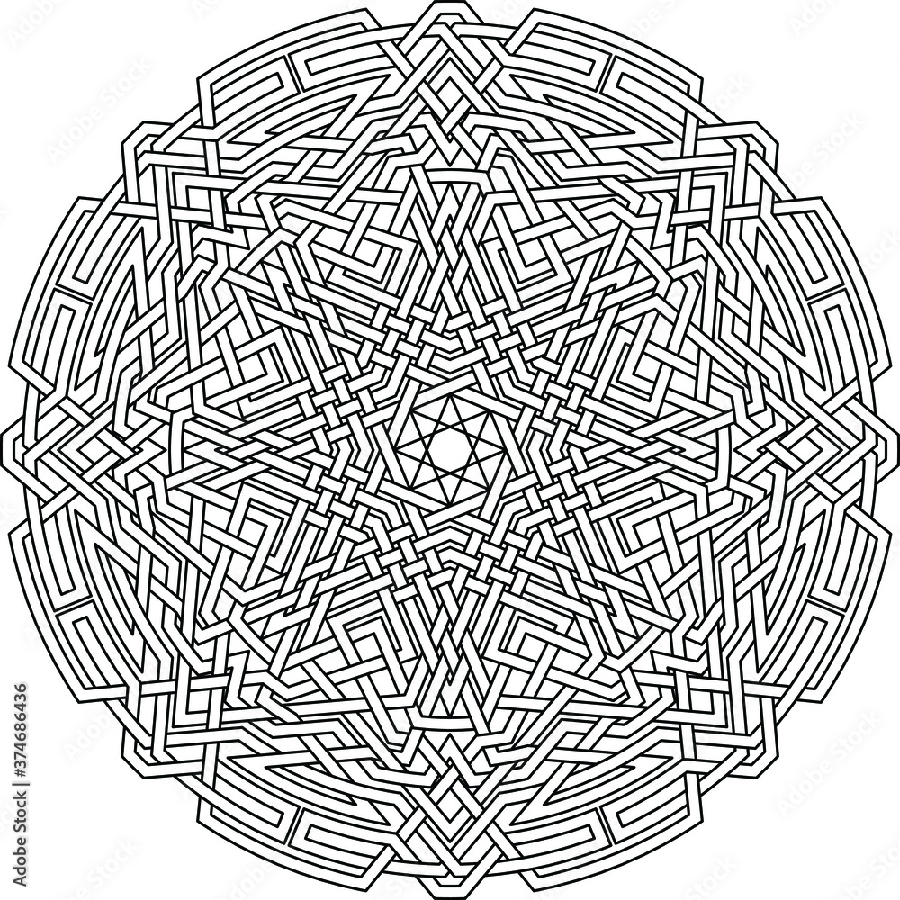 Celtic star Octagram vector pattern ornament with circular circle and floral geometric background inside huge octagon
