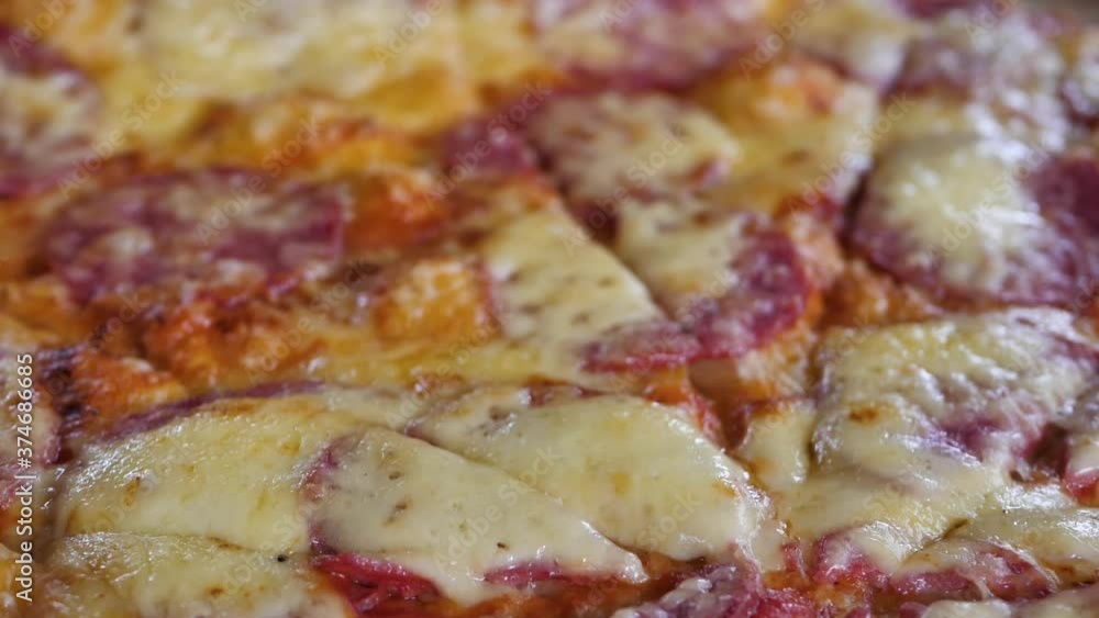 Tracking shot of delicious pizza pieces Tracking shot of delicious pizza pieces
