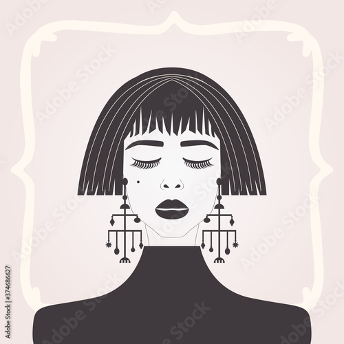 Abstract black beautiful lady looking down with short hair, bangs and big dangling earrings on pink gradient background