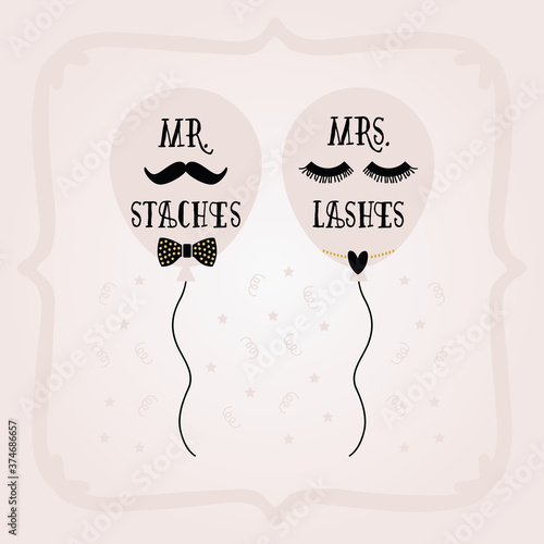 Black and golden abstract Mrs. Lashes and Mr. Staches balloons and frame wedding card on pink gradient background