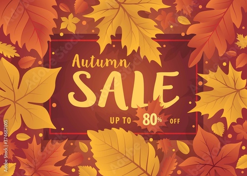 Hello autumn season design. Autumn background with fall leaves. Autumn Sale template with leaf