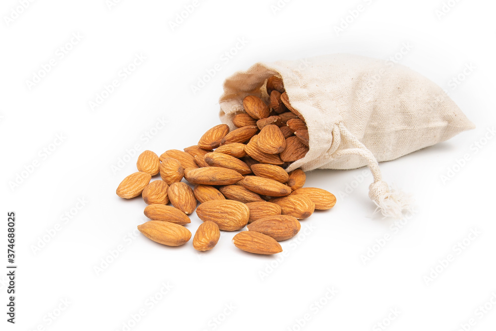 Nuts almonds in a bag on a white background Nuts almonds in a bag on a white background