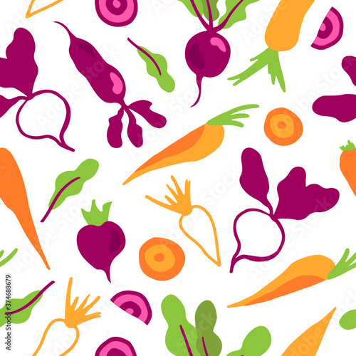 Seamless hand drawn beetroot and carrot vector pattern in cartoon style. Vegetable pattern. Bright beet and carrot background. 