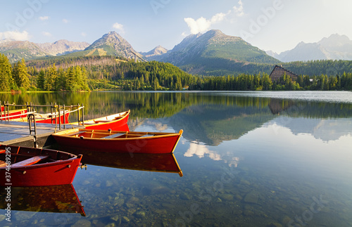 Boat on mountain lake Strbske pleso  Strbske lake  in High Tatras national park  Slovakia.