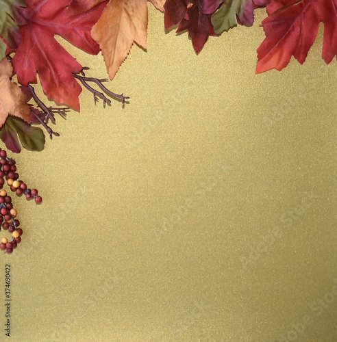 Fall Leaves Berries and Twigs Frame on Dark Yellow Blank Background Autumn Theme for Copy or Advertisements Bordered Backdrop Seasonal Warm Colors October Sale September November Thanksgiving Card