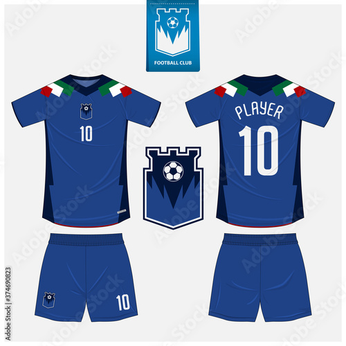 Soccer jersey or football kit mockup template design for sport club. Football shirt, shorts mockup. Soccer uniform in front view, back view. Soccer logo in flat design. Vector Illustration.
