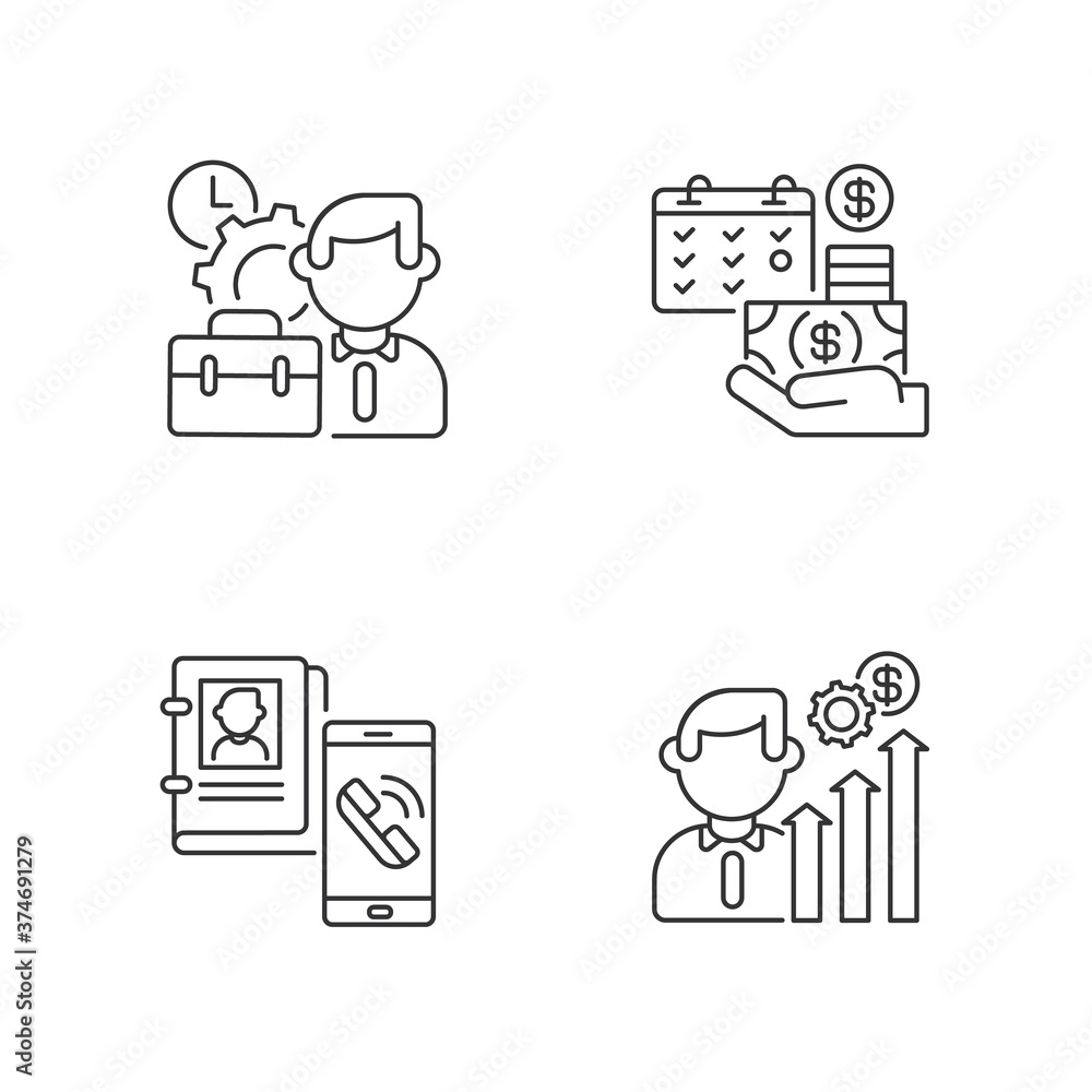 Professional occupation linear icons set. Working conditions, career, salary payment and contact info customizable thin line contour symbols. Isolated vector outline illustrations. Editable stroke Professional occupation linear icons set. Working conditions, career, salary payment and contact info customizable thin line contour symbols. Isolated vector outline illustrations. Editable stroke