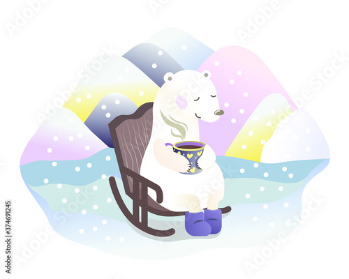 Vector flat cartoon illustration of a polar bear at the north pole with a hot drink in a cup. Hand-drawn drawing in childish cute kind cheerful style with a polar bear in the arctic. Snow, winter cozy