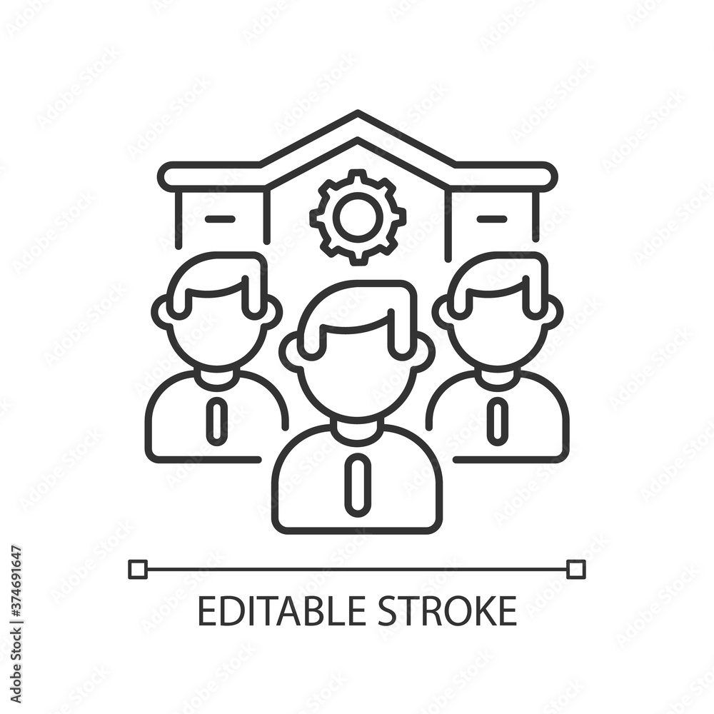 Our company linear icon. Corporate staff, business office personnel thin line customizable illustration. Contour symbol. Colleagues, coworkers team vector isolated outline drawing. Editable stroke Our company linear icon. Corporate staff, business office personnel thin line customizable illustration. Contour symbol. Colleagues, coworkers team vector isolated outline drawing. Editable stroke